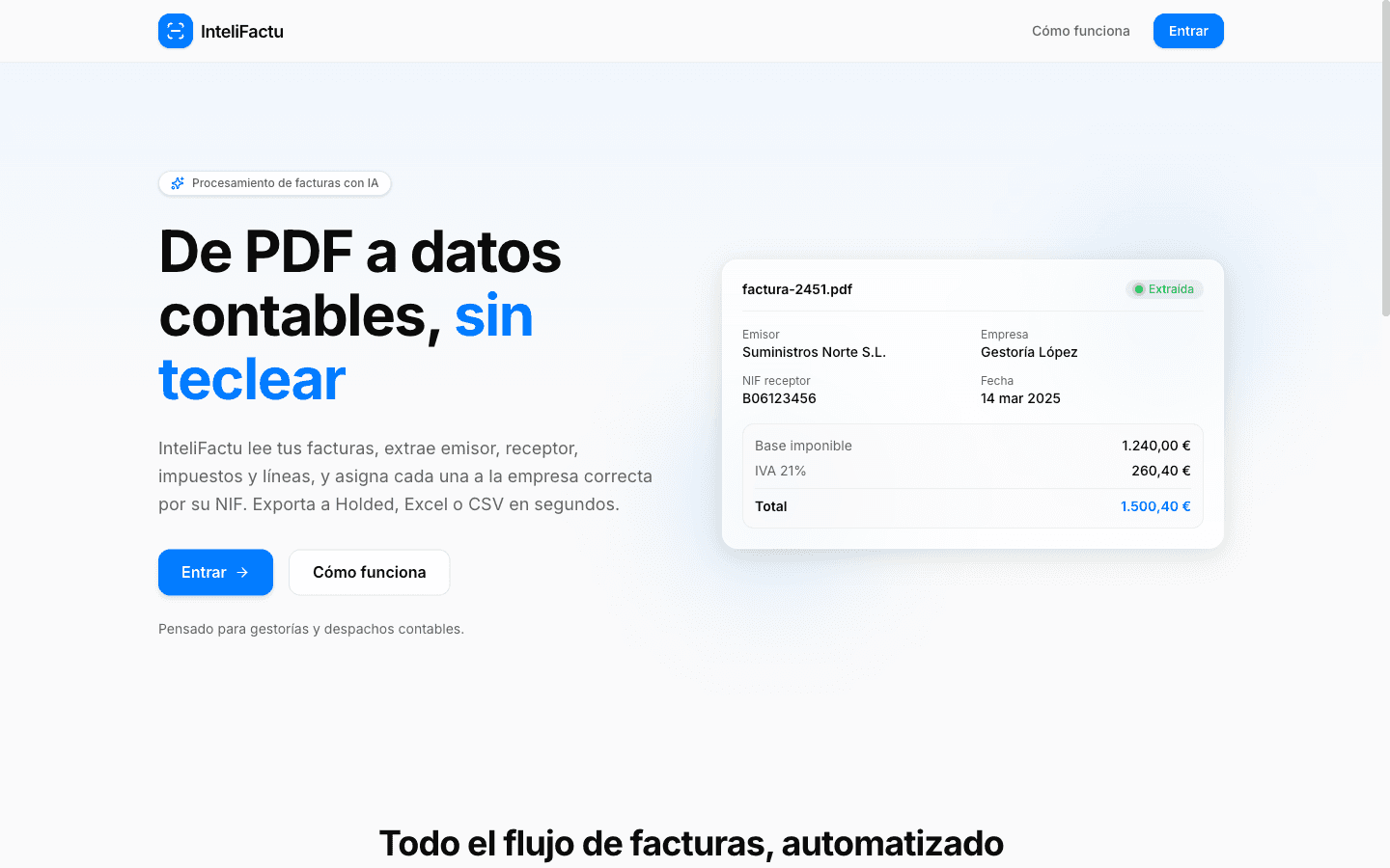 Portada de intelifactu.com: una factura PDF convertida en datos contables extraidos